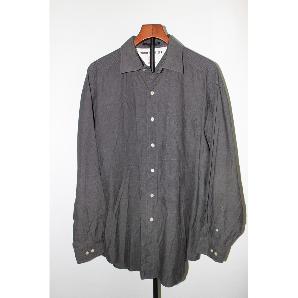 VTG Tommy Hilfiger Men's Grey Micro Check Long Sleeve Button Down Shirt 17 34-35